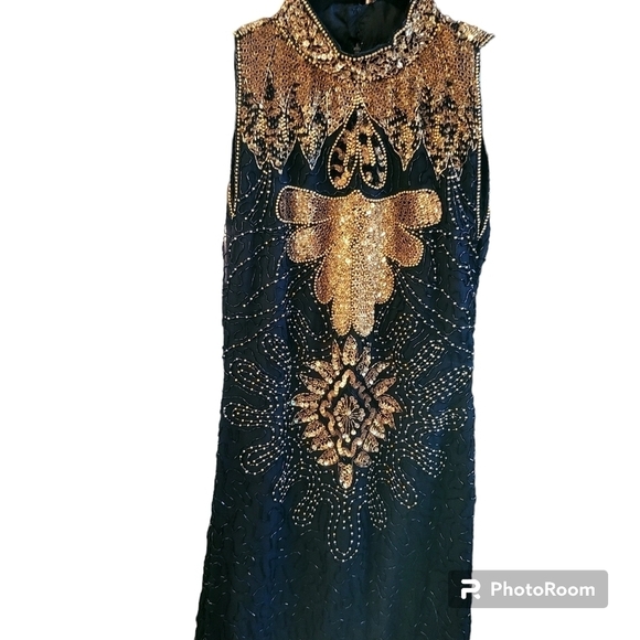Vintage 80's Small 100% Silk Black Gold Beaded Cocktail Dress Wedding Prom - Picture 1 of 7